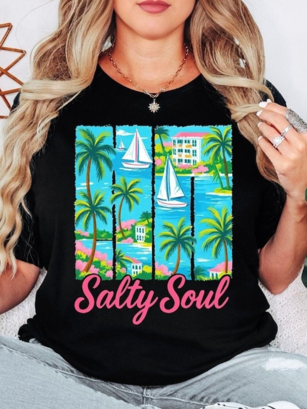 Salty Soul Beach Shirt, Coastal Palm Tree Ocean Graphic Tee
